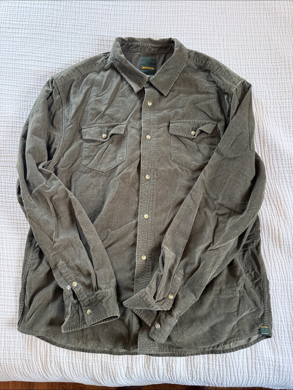 Prana Men's Olive Green Corduroy Button-Down Shirt